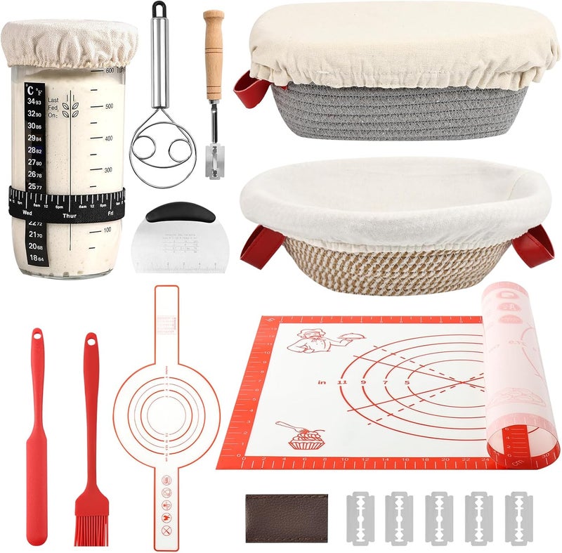 Tunyet Sourdough Bread Baking Supplies, Banneton Bread Proofing Basket, 10 Inch Oval & Round Bread Baskets with Liners & Covers, Sourdough Starter Kit - Image 1